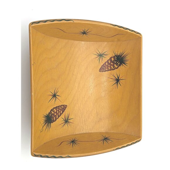 1950's Vintage Glenwood, California Wood Trenched Dish w/ Hand Painted Pinecones - Picture 3 of 10